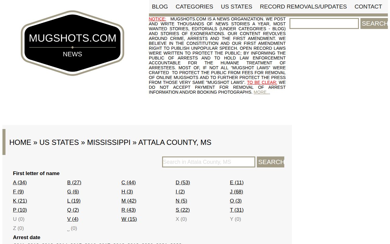 Mugshots.com Attala County archive interface used as unofficial historical context