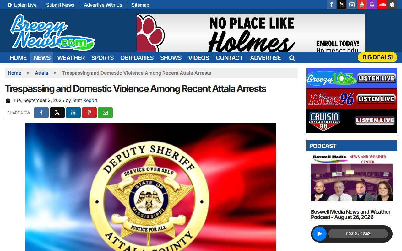 Breezy News Attala arrest roundup format with source note