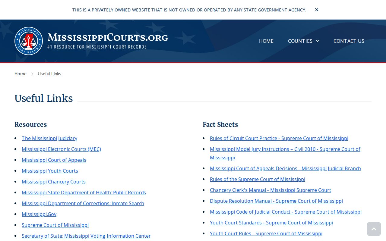 Screenshot of the Mississippi Courts useful links page